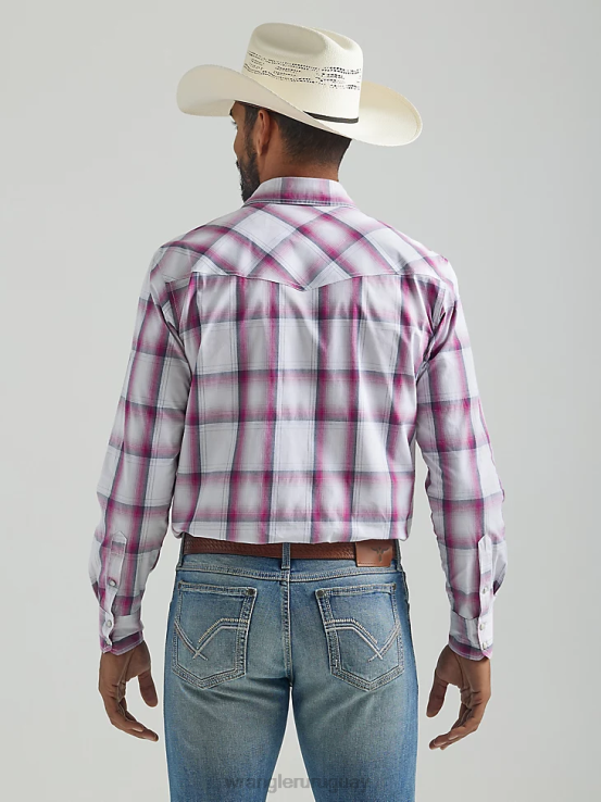 rosa grande Wrangler hombres Camisa a cuadros con botones a presión estilo occidental manga larga dos bolsillos comodidad avanzada 20x Competition ropa F8J4V494