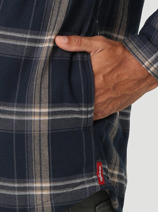 sombrío azul Wrangler hombres Chaqueta camisera gruesa con forro de sherpa a cuadros ropa F8J4V388