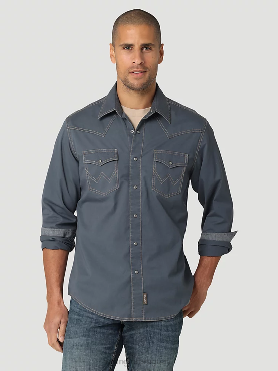 sombrío azul Wrangler hombres camisa sólida retro premium con bolsillo con solapa y ribete en contraste occidental ropa F8J4V456