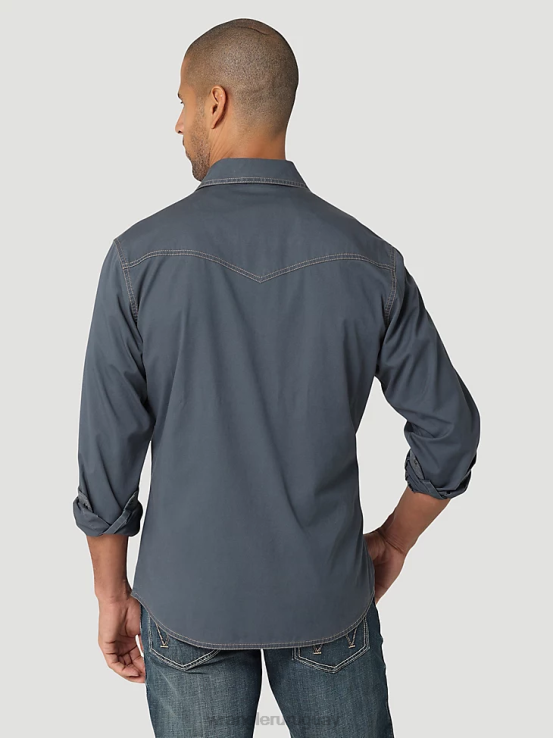 sombrío azul Wrangler hombres camisa sólida retro premium con bolsillo con solapa y ribete en contraste occidental ropa F8J4V456