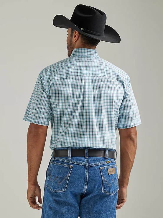 verdadera tela escocesa aguamarina Wrangler hombres Camisa a cuadros con botones y 1 bolsillo de manga corta George Strait ropa F8J4V309