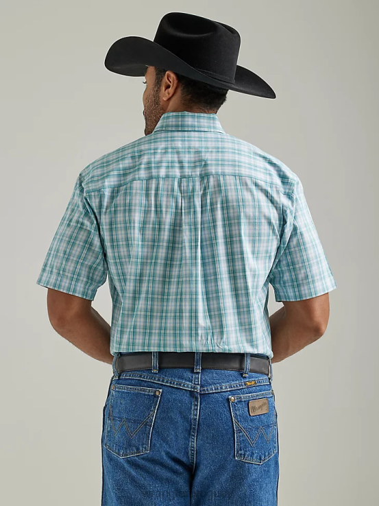 verdadera tela escocesa aguamarina Wrangler hombres camisa a cuadros con botones y 2 bolsillos de manga corta george strait ropa F8J4V335