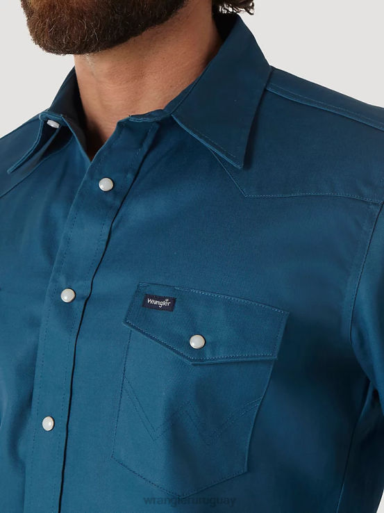 verde azulado oscuro Wrangler hombres camisa de trabajo sólida con broche occidental de manga larga y acabado firme con corte vaquero ropa F8J4V421