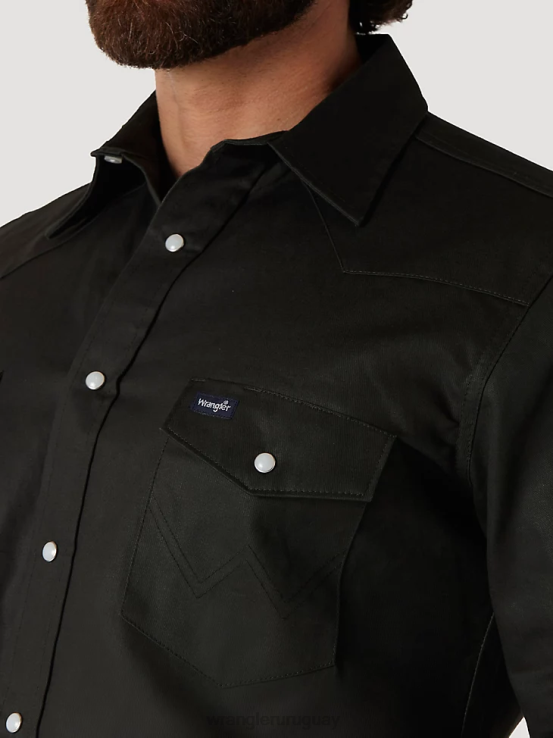 verde bosque negro Wrangler hombres camisa de trabajo sólida con broche occidental de manga larga y acabado firme con corte vaquero ropa F8J4V424