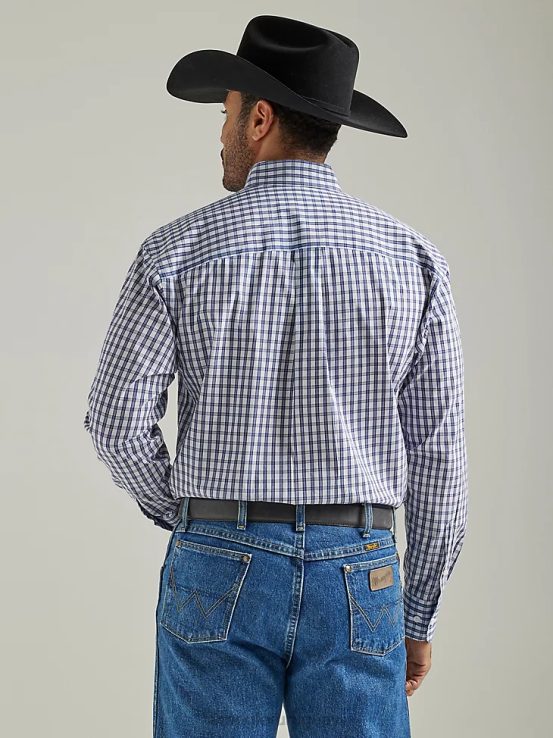 índigo grueso Wrangler hombres Camisa a cuadros de manga larga con botones y un bolsillo de George Strait ropa F8J4V320