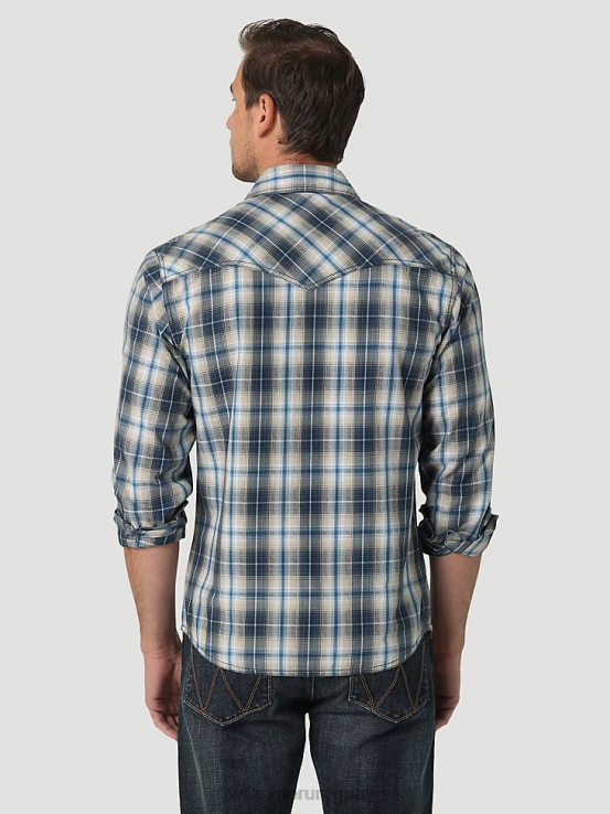 índigo profundo Wrangler hombres camisa a cuadros retro premium de manga larga con broche occidental ropa F8J4V480