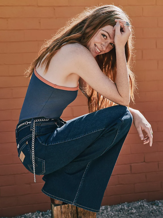 índigo vintage Wrangler mujer camisola de un hombro ropa F8J4V874